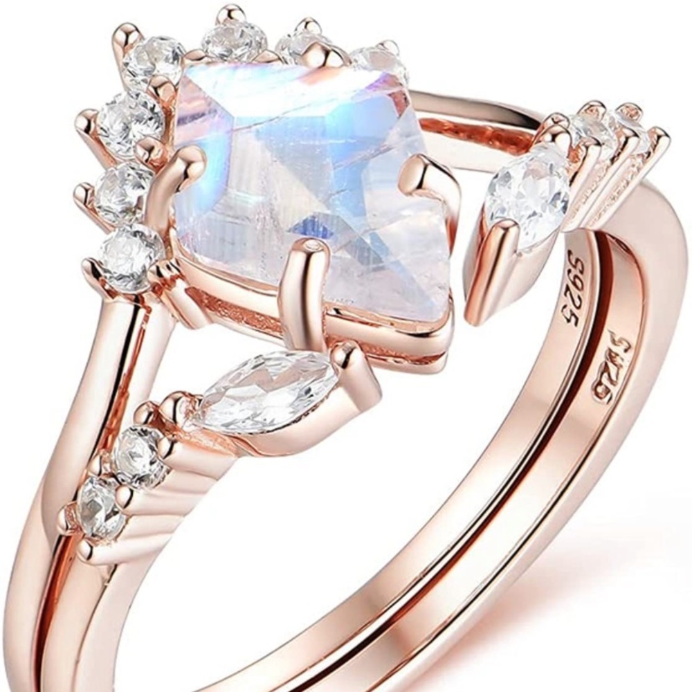 14k Vintage Kite Moon Stone Diamond Engagement Wedding Rings